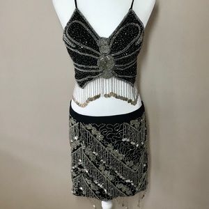 Black Silver Belly Dance Costume Outfit Beads/Coin